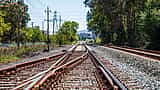 A sunlit railroad track splitting into two directions in a bright, green landscape.