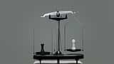 A black and a white chess piece sitting on opposite sides of an unbalanced metal scale.