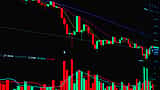 A digital stock market chart displays a sharp downward trend with red candlestick patterns.