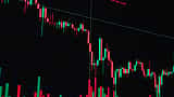 A close-up of a digital screen displaying a financial candlestick chart with descending red bars.