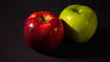 A red apple sits in sharp focus next to a blurred green apple against a dark background.