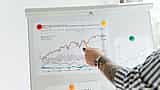 A person points with a pen to a printed stock chart of a broad U.S. market index pinned to a whiteboard.
