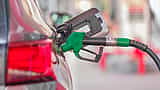 A green fuel pump nozzle fills a car at a gas station.