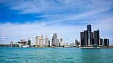 The General Motors Renaissance Center stands prominently in the Detroit skyline.