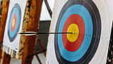 An arrow sits perfectly centered in the yellow bullseye of a colorful archery target.