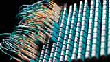 Close-up of optical fiber cables connected to ports on a blue network patch panel.