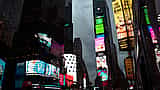 The iconic cylindrical Nasdaq MarketSite building illuminated among the vibrant billboards of Times Square in New York City.