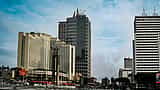 The Selamat Datang Monument stands amid high-rise hotels and office buildings in central Jakarta.
