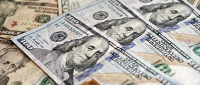 A close-up view of United States hundred-dollar bills.