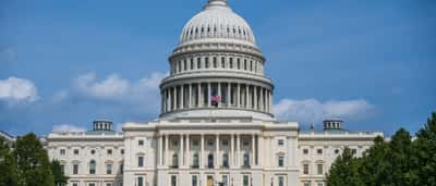A direct, sunlit view of the U.S. Capitol building in Washington, D.C. under a blue sky.