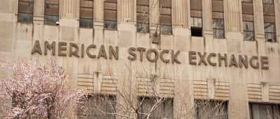 The grand stone facade of the American Stock Exchange building in New York City, partially framed by the green leaves of spring trees.