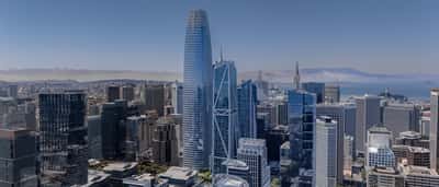 The Salesforce Tower stands prominently in the center of the San Francisco skyline on a clear day.