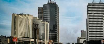 The Selamat Datang Monument stands amid high-rise hotels and office buildings in central Jakarta.