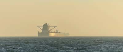 A cargo ship appears as a silhouette on the horizon of a calm, hazy ocean.