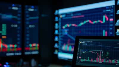 Glowing screens display fluctuating stock market charts and data in a darkened room.