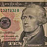 A detailed close-up of a United States ten-dollar bill featuring the portrait of Alexander Hamilton.
