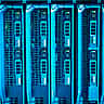 Rows of illuminated server racks in a highly advanced modern data center.