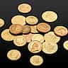 A collection of various physical gold coins scattered across a reflective black surface.