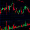 A vibrant close-up of a candlestick chart displaying financial market trends and trading activity.