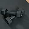 A pair of identical black dumbbells resting on a textured black gym mat.