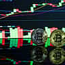 Two physical gold Bitcoin tokens stand on a reflective desk in front of a glowing monitor displaying a cryptocurrency trading chart.