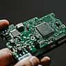 A close-up view of a person's hand holding a green semiconductor circuit board with microchips.