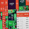 A colorful digital stock market heatmap displaying the daily performance of major technology companies including Meta, Apple, and Microsoft.