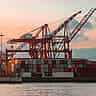 Massive industrial shipping cranes stand over stacks of colorful cargo containers at a port during a warm sunset.
