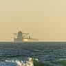 A cargo ship appears as a silhouette on the horizon of a calm, hazy ocean.
