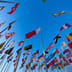 A vibrant collection of international flags from various nations waving together against a clear blue sky.