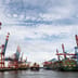 An incoming cargo ship is framed by towering rows of industrial cranes at a massive container port.
