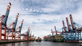 An incoming cargo ship is framed by towering rows of industrial cranes at a massive container port.