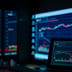 Multiple glowing computer monitors display complex financial trading charts and market data in a dimly lit room.