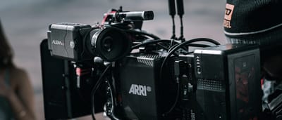 A professional cinema camera setup on a film set.