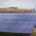 A vast array of blue solar panels stretches across a utility-scale solar farm.