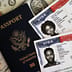 A United States passport resting next to official US visa documents and financial cards.