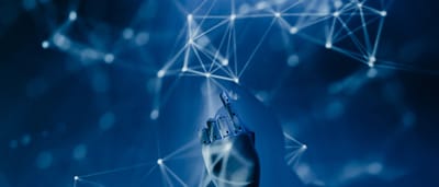 A robotic hand reaching upward to touch a glowing digital network against a deep blue background.