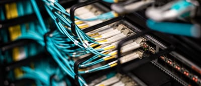 A dense network of bright blue fiber optic cables connected to a patch panel in a modern data center.