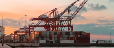Massive industrial shipping cranes stand over stacks of colorful cargo containers at a port during a warm sunset.