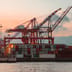 Massive industrial shipping cranes stand over stacks of colorful cargo containers at a port during a warm sunset.