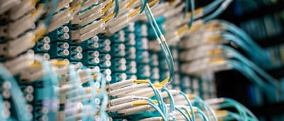 Close-up of bright teal fiber optic cables plugged into a high-density data center network switch.