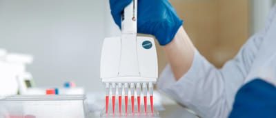 A scientist wearing blue gloves uses a multichannel pipette to dispense red liquid into a microplate in a modern laboratory.